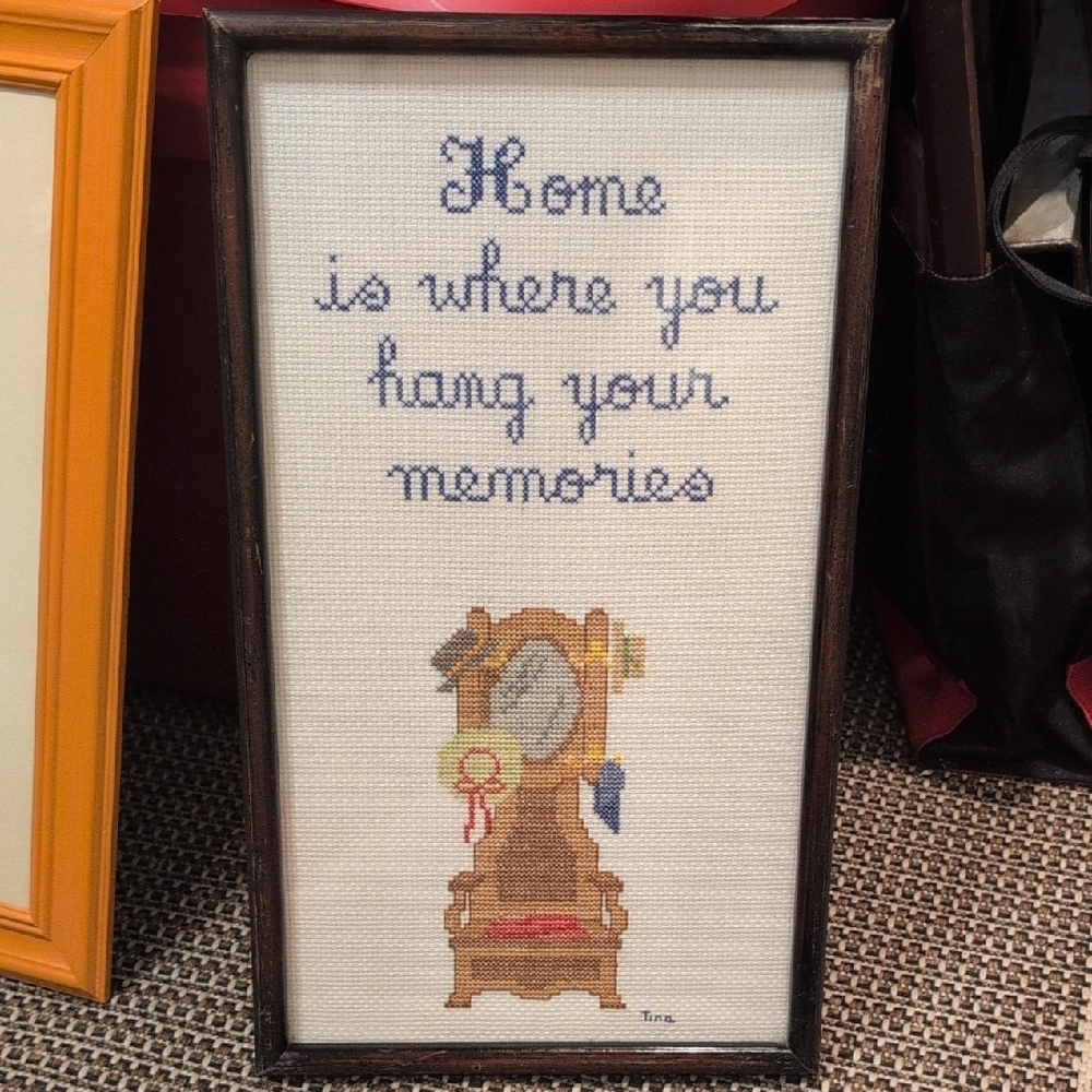 Blue and Brown Framed Cross-Stitch Accent Decor